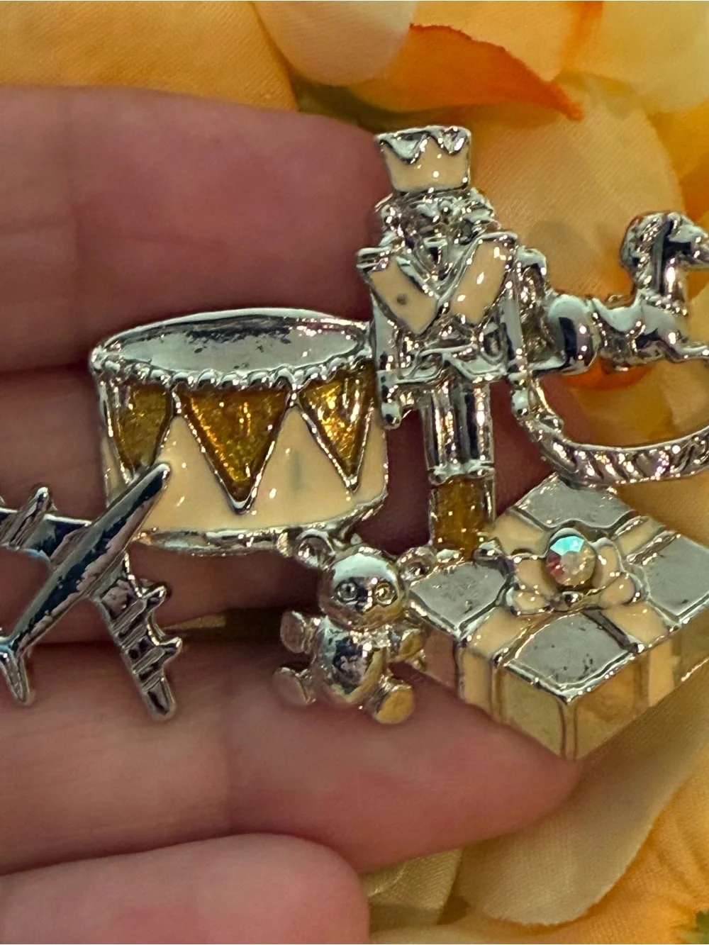 Vintage Kirks Folly Signed Christmas Brooch Pin Nutcracker Toys Enamel Silver